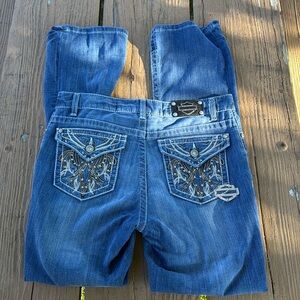 Harley Davidson size 10 boot cut dark blue denim jeans fancy studied pattern